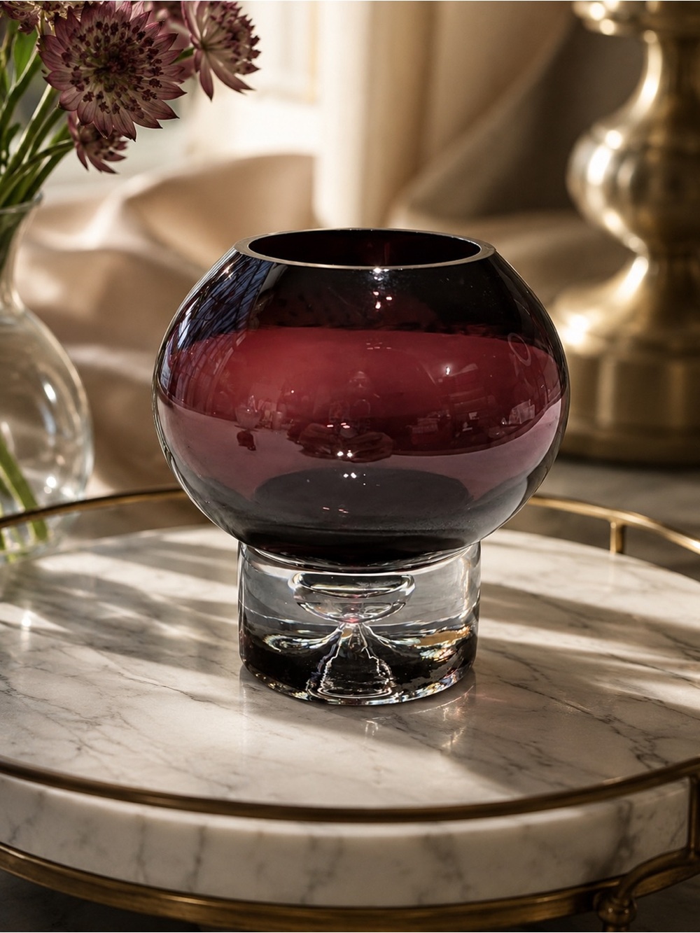 Vintage Amethyst Sphere Vase, Clear Captured Bubble Base, Tagged Pilgrim Glass